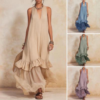 Huaqianguhh Sommer Ärmelloses Maxikleid für Damen, Tiefes V-Ausschnitt Netz-Patchwork Langes Kleid, A-Linie Rüschen Fließendes Strand-Sonnenkleid