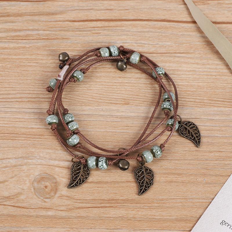 Vintage Bohemian Ceramic Bracelet Girl Sweet Bell Leaf Versatile Waist Chain Multi-circle Bracelet Jewelry