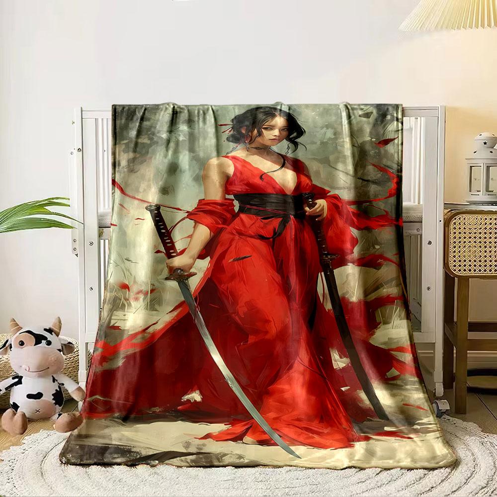 Flowing red dress with dynamic fabric accents and dual swords. for all seasons blanket lunch break throw gift 80cm x 120cm