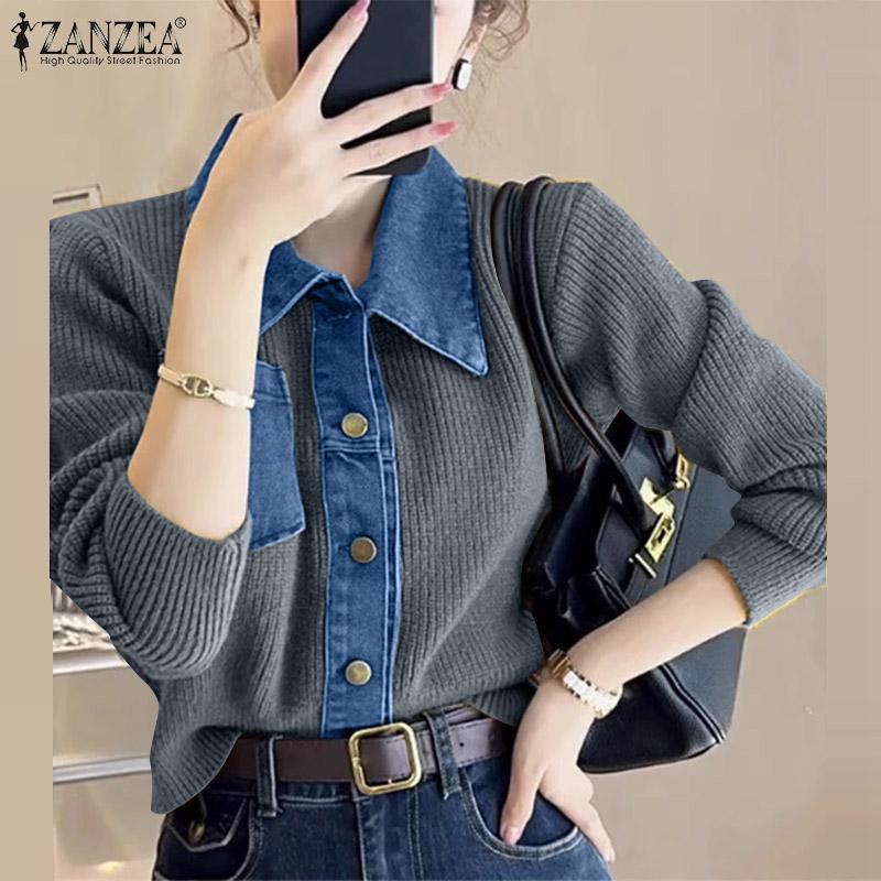 ZANZEA Women Casual Turn Down Collar Long Sleeve Patchwork Cardigans