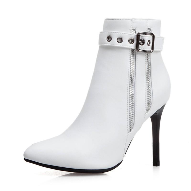 Womens Pointed Toe Stiletto Ankle Boots Side Zip Belt Buckle Short Winter Fashion Plus Size 34-50