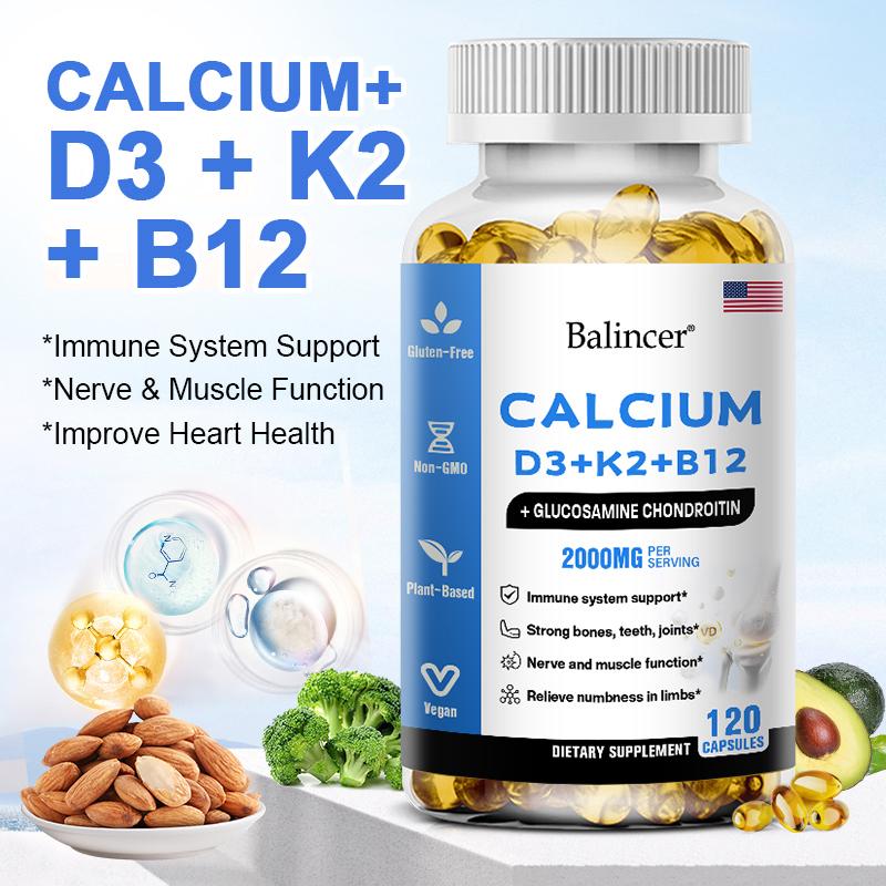 Capsule Complesso di Calcio con D3 K2 B12, 2000 mg per Porzione, 120 Capsule Integratore Alimentare