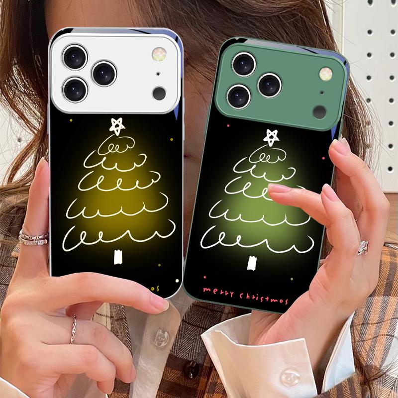 White Line Christmas Tree For iPhone 17 Air 16 E 15 14 13 Plus 12 Mini 11 17 Pro Max XR Xs Max 16E 7 8 Tempered Glass Phone Case