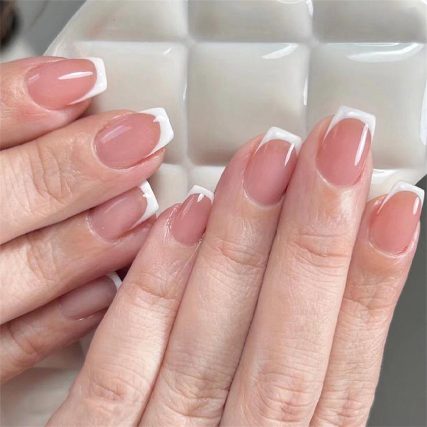 24Pcs Pink Sweet Short Fake Nails Pure White French Acrylic Press On False Nails Removable Nail Art Tips