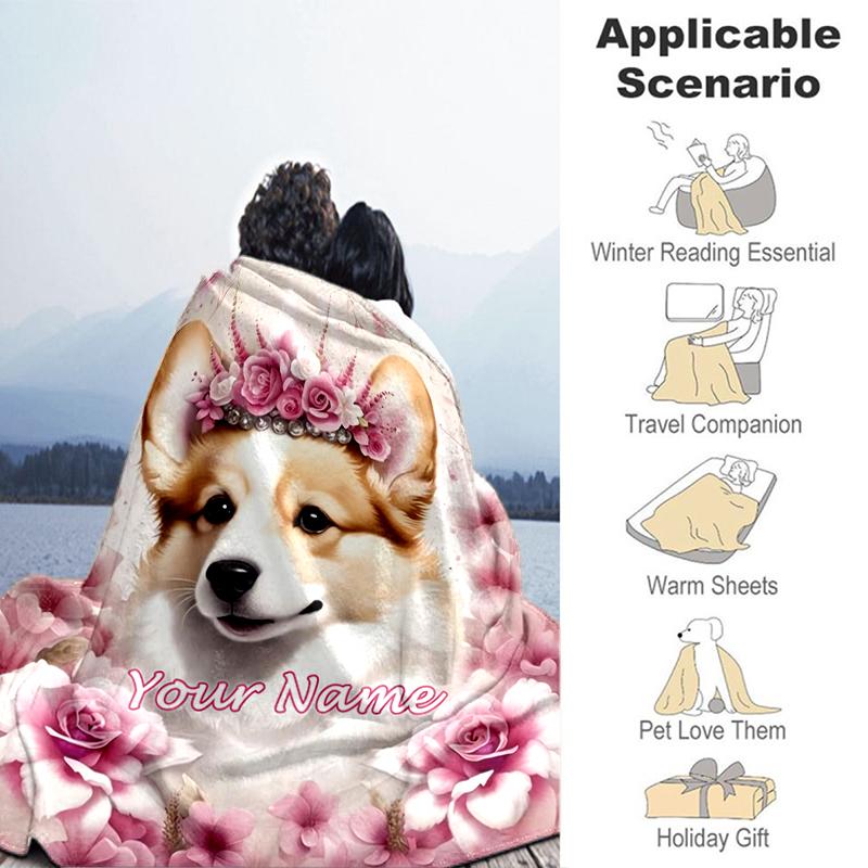 1PC Custom Name Floral Corgi flannel blanket versatile, all-season throw suitable for the living room, bedroom, camping, travel, and gift