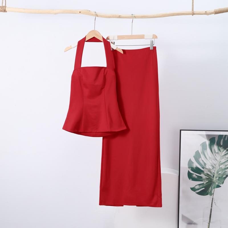 Elegant Halter Top Skirts Set Women Solid Color Backless Sleeveless Crop Tops Split Long Skirt 2025 Spring Summer New Ladies Outfits