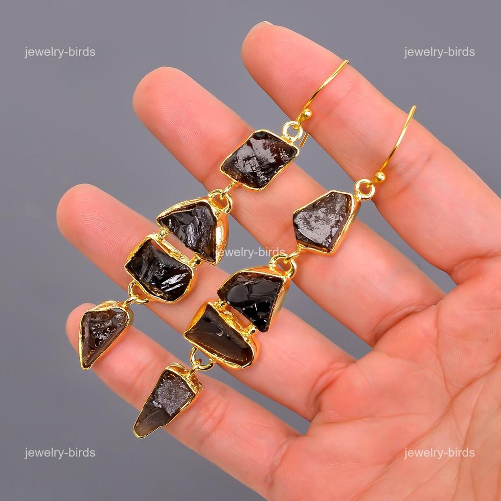 Natural Smoky Quartz Gold Plated Trendy Dangling Electroformed Earrings Jewelry V-115