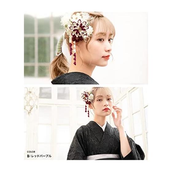 SOUBIEN Hair Accessory Set for Coming-of-Age Ceremony, Graduation - Dried Flowers, Tsumami Zaiku, Mizuhiki, 3-Piece Set for Furisode/Hakama -