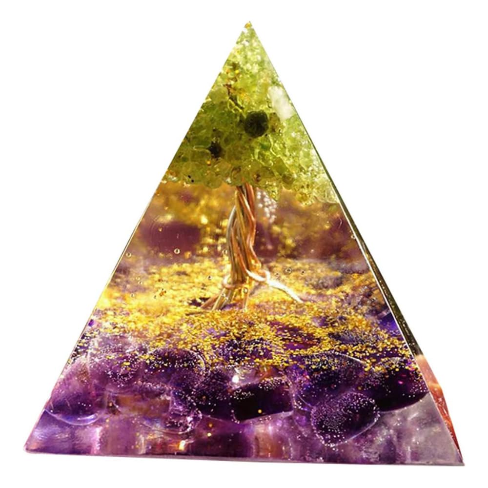 PLEAVIT Orgonite Pyramid with Crystal and Natural Stones, Chakra Power Stone Figurine, Purification, Tree of Life (5 X 5 Cm)