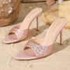 Luxury Rhinestone Decorate Slippers Women Fashion Pointed Toe Leopard Print Thin Heel Slide Sandals Sexy Open Toe Designer Shoes