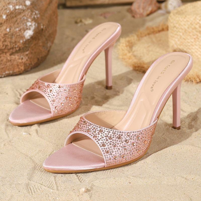 Luxury Rhinestone Decorate Slippers Women Fashion Pointed Toe Leopard Print Thin Heel Slide Sandals Sexy Open Toe Designer Shoes