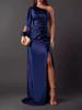 2026 Summer New European and American Women's Clothing Diagonal Collar Shoulder Sleeve Pleated Waist Split Sexy Dress