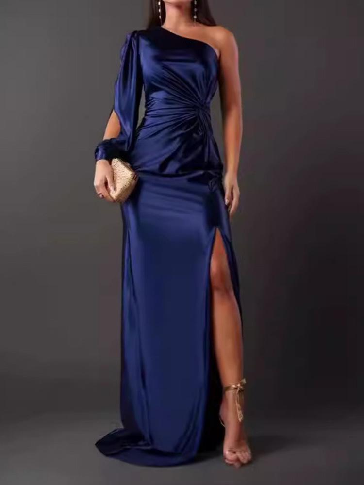 2026 Summer New European and American Women's Clothing Diagonal Collar Shoulder Sleeve Pleated Waist Split Sexy Dress