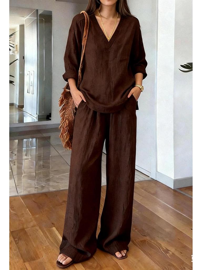 2026 Spring European & American Women's Fashion Casual Two-Piece Set: Top & Wide-Leg Pants.