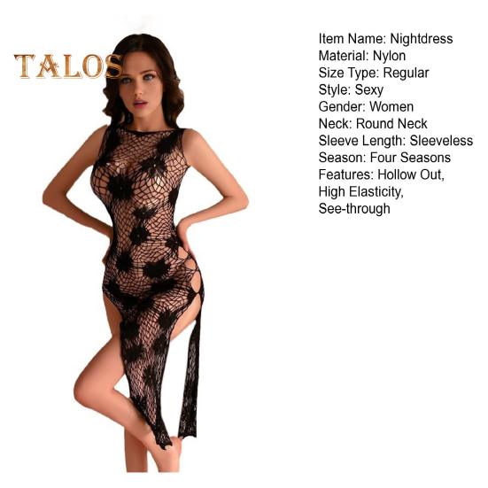 Women Sex Nightdress Hollow Out See-through Fishnet Sleeveless Floral Patch High Elasticity Thin Skinny Lady Honeymoon Wedding Night Sleepwear