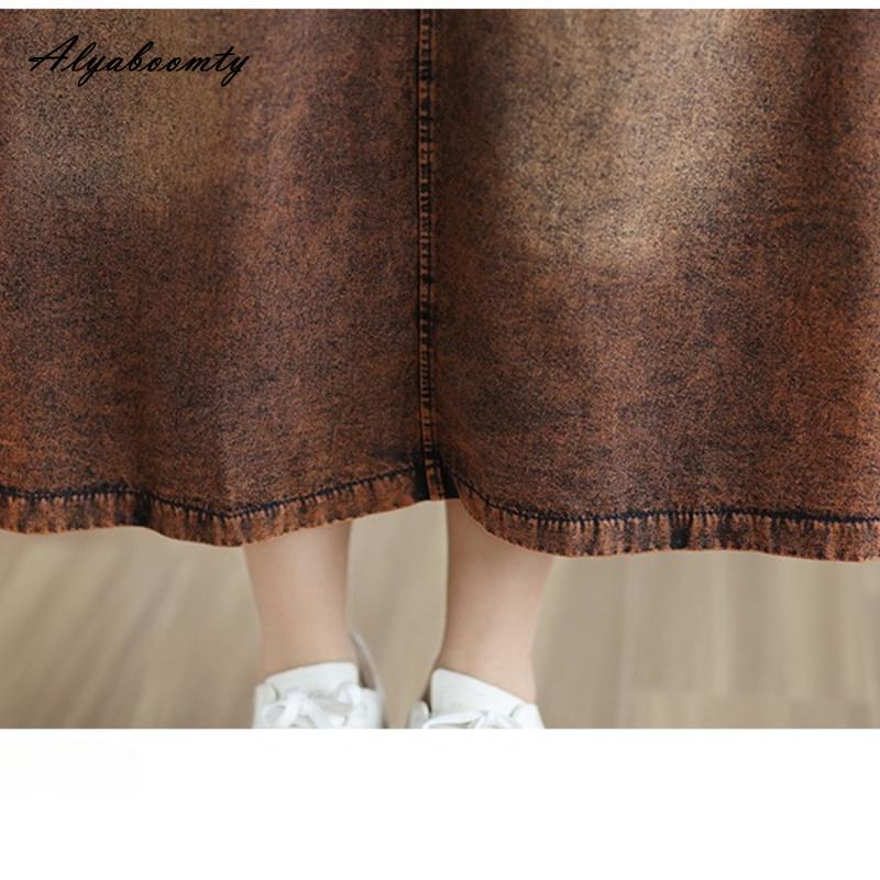 Korean Style Plus Size Spring Summer Women Sundress V Neck Brown Denim Sleeveless Tank Dress Vintage Casual Loose Basic Ladies' Midi Dress