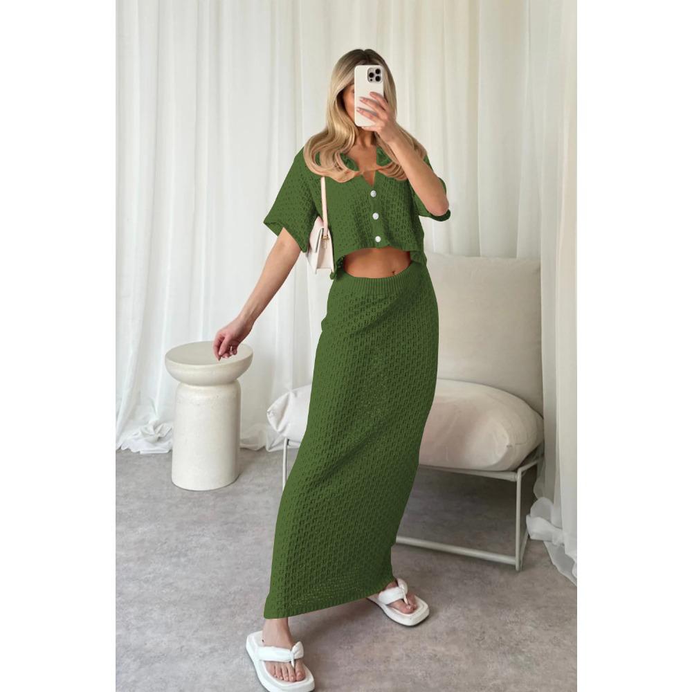 GMXIA Summer Spring Knitted Hook Flower Set Skirt Multi-color Cardigan Buckle Skirt All Match Set