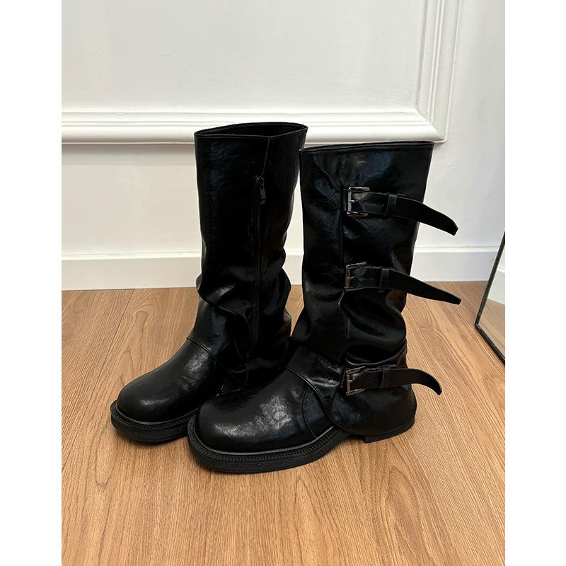 Niche Retro Pleated Thick-soled Stacking Boots Women's Medium Boots Pant Tube Boots Knight Boots Western Boots