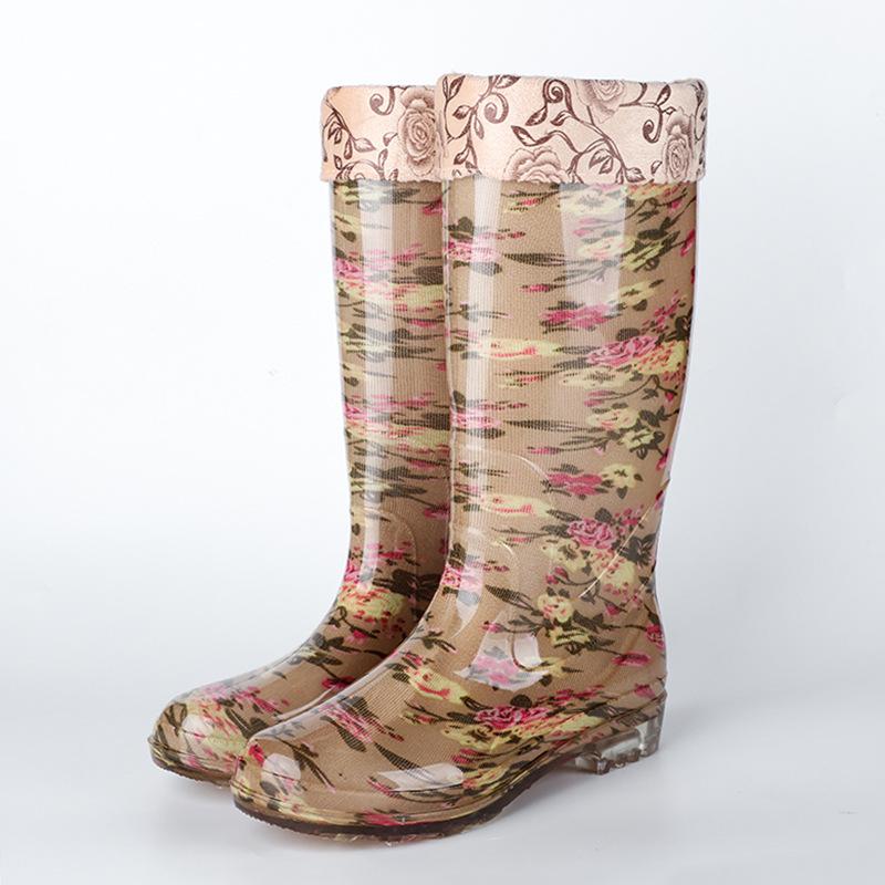 High Tube Rain Shoes Waterproof Shoes Long Tube Velvet Cotton Rain Boots Rubber Shoes Overshoes Water Boots Female Adult Fashion Non-slip Warm Summer