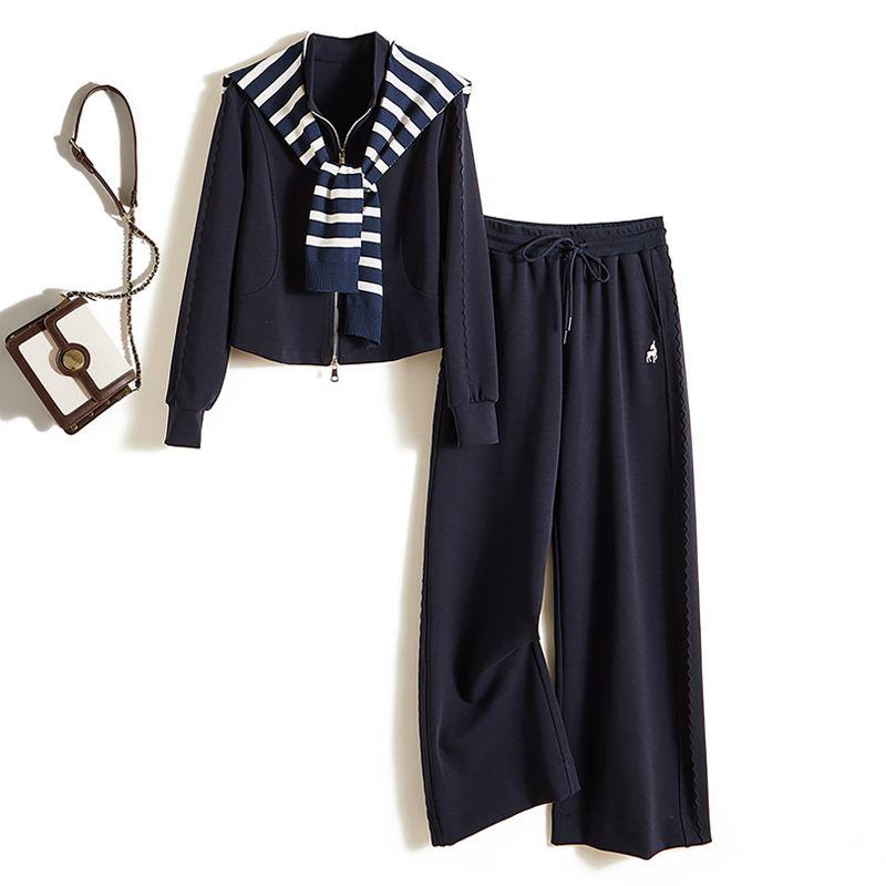 

North American Single Fashion Three-Piece Set! Women s Stripes Shawl + Half Zipper Outwear + Long Micro Loose Pants 2025 Spring & Fall Dark Blue 4XL