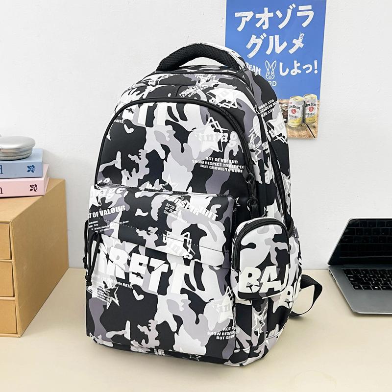 Schoolbag Japanese Trendy Cool Style Black and White Camouflage Graffiti Function Wind Backpack Junior High School Student Party Campus Durable