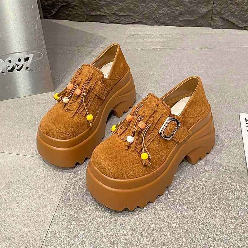 2025 Women's High Platform Leather Shoes New Spring 9CM Heels Chunky Sneakers Female Lace-up Loafers Walking Shoes Woman