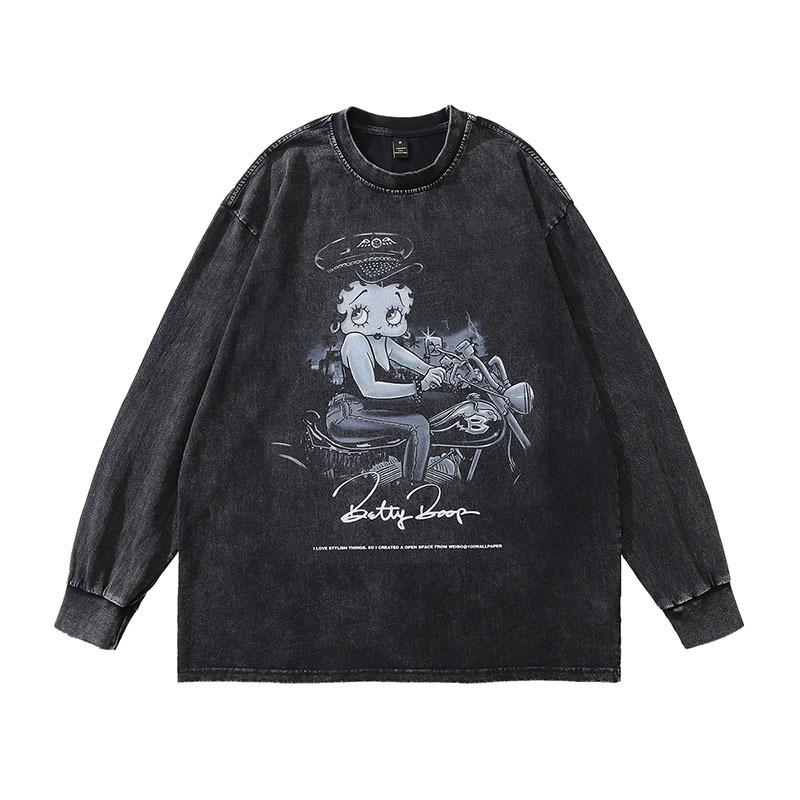 Tide Brand T-Shirt Harajuku Japanese Ukiyo-E Painted Street Retro Tiger Print Washed Old Long-Sleeved T-Shirt For Men And Women