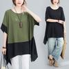 Plus Size Summer Round Neck Women Contrast Color Asymmetric Patchwork T-shirts Casual Short Sleeve Loose Mid Chiffon Shirt Tops