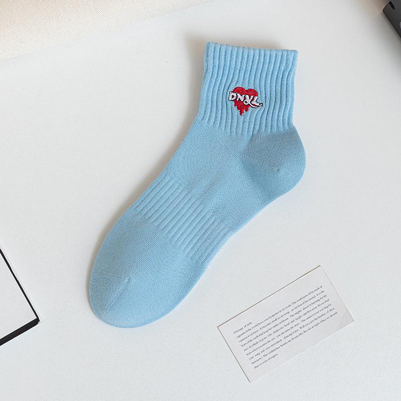 Men's Spring Summer Solid Color Embroidered Cotton Breathable Sweat-Absorbent Sports Socks for Teens and Students