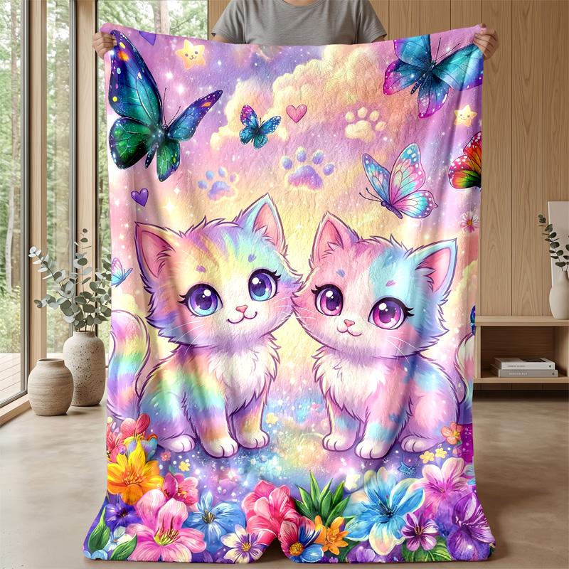 Butterflies and kittens in spring blanket Personalized Name Flannel Blanket Soft Cozy Plush Throw for Sofa Bed Lightweight Home Decor