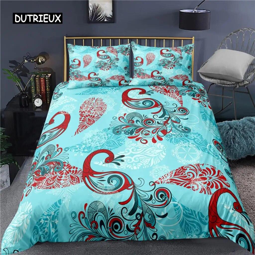 Peacock Duvet Cover Plum Blossom Decor Bedding Set King Size Crane Peacock Feather Floral Pattern Romantic Polyester Quilt Cover  Three-piece Set