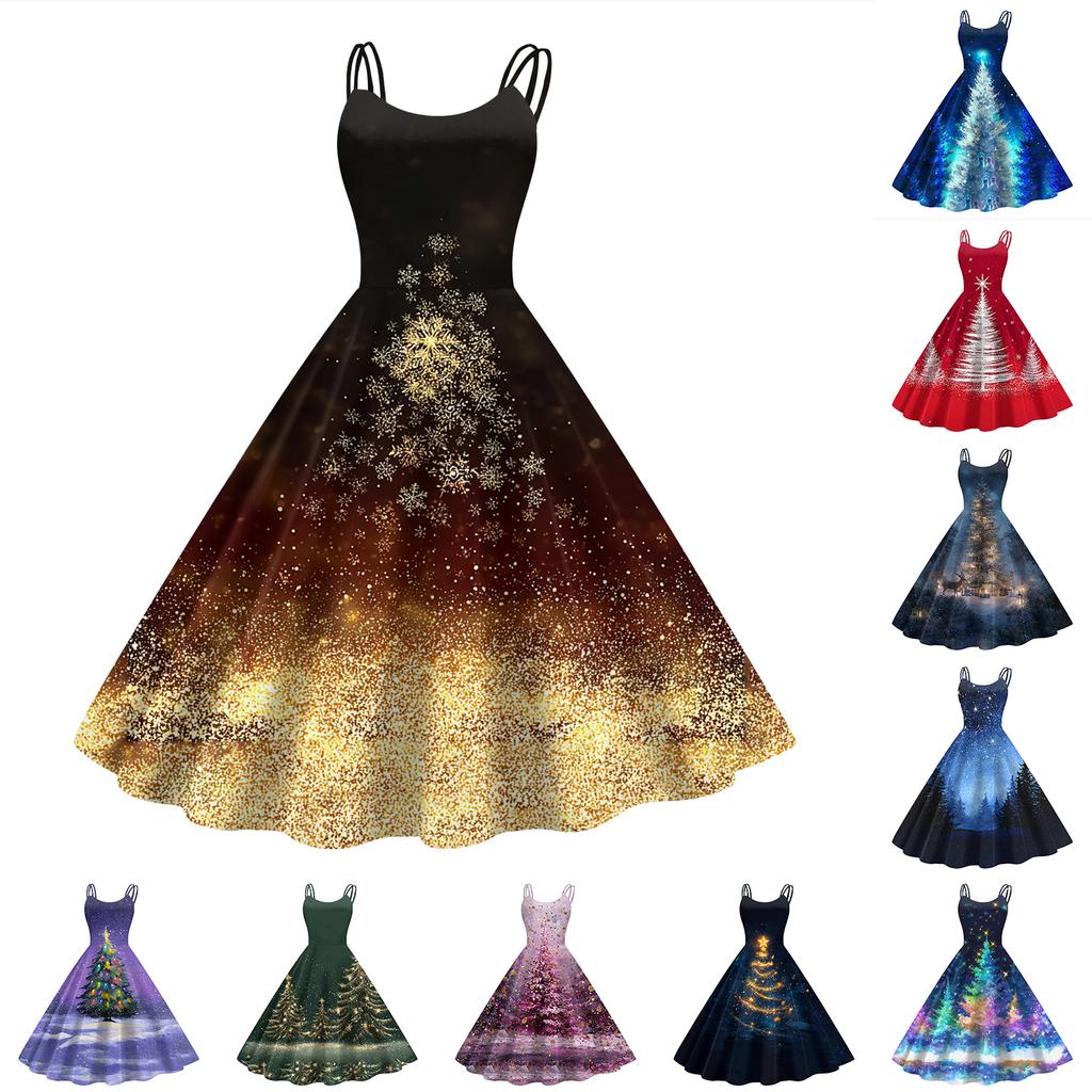 Women's Fashion Casual Christmas Print Sexy Off-the-shoulder Punk Retro Dress