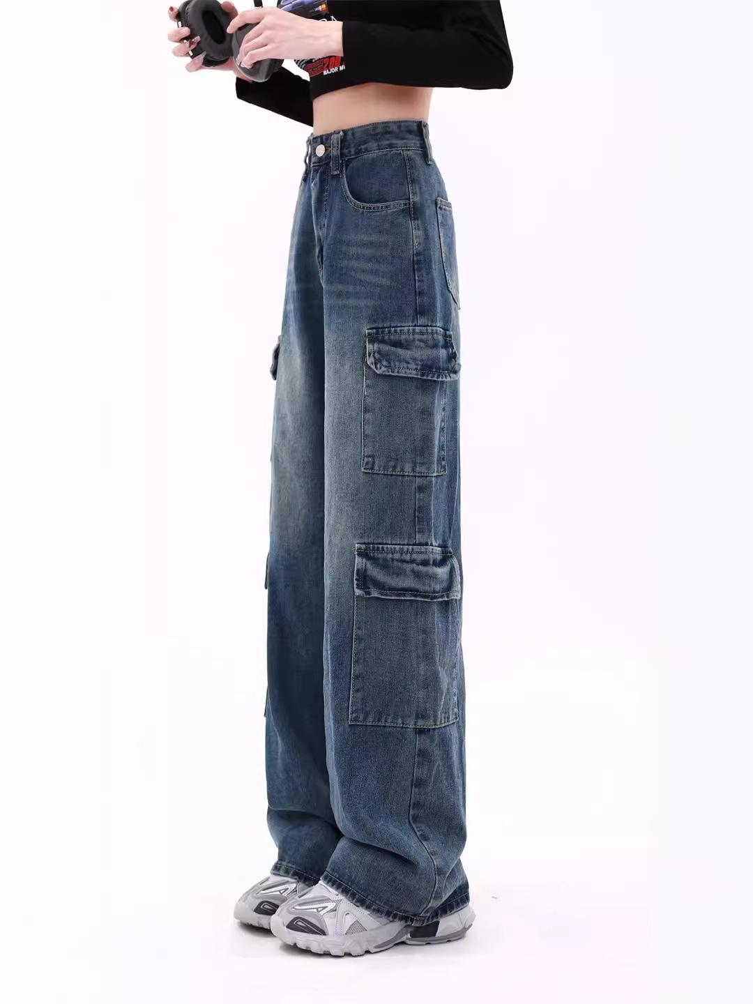 

Американские рабочие джинсы для женщин и новые свободные брюки с высокой талией и множеством карманов для похудения с широкими штанинами 2XL темно-синий