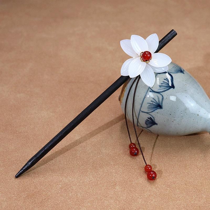 A lotus Hanfu fringed hairpin, glazed petal lotus agate hairpin, wooden hairpin head jewelry