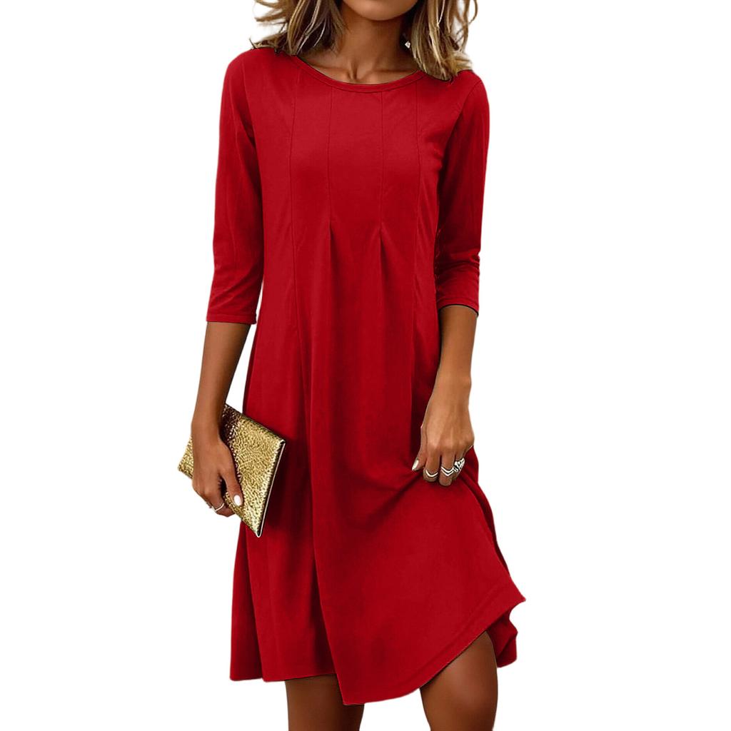 Women's Fashionable And Elegant Pleated Round Neck Three,quarter Sleeve Dress