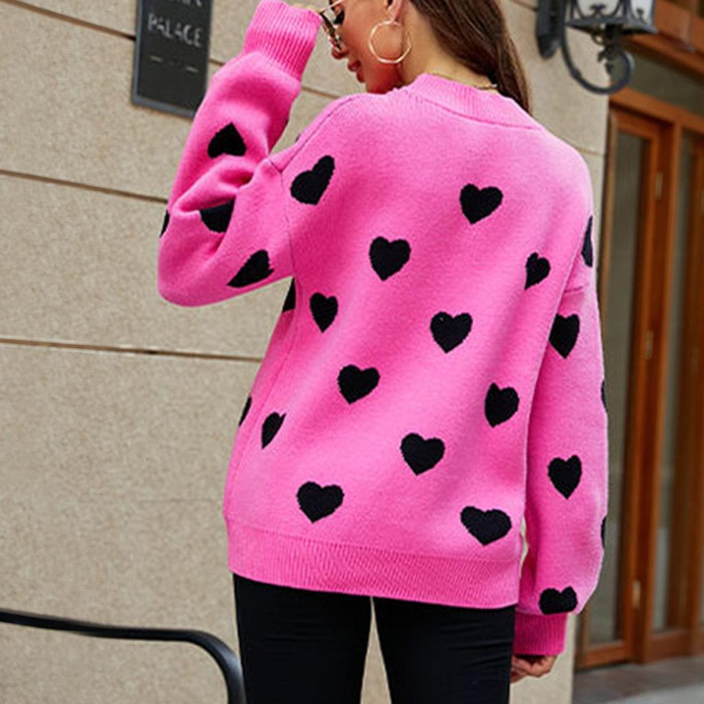 Women's Fashionable Round Neck Long Sleeved Color Blocked Love Casual Pullover Sweater Top