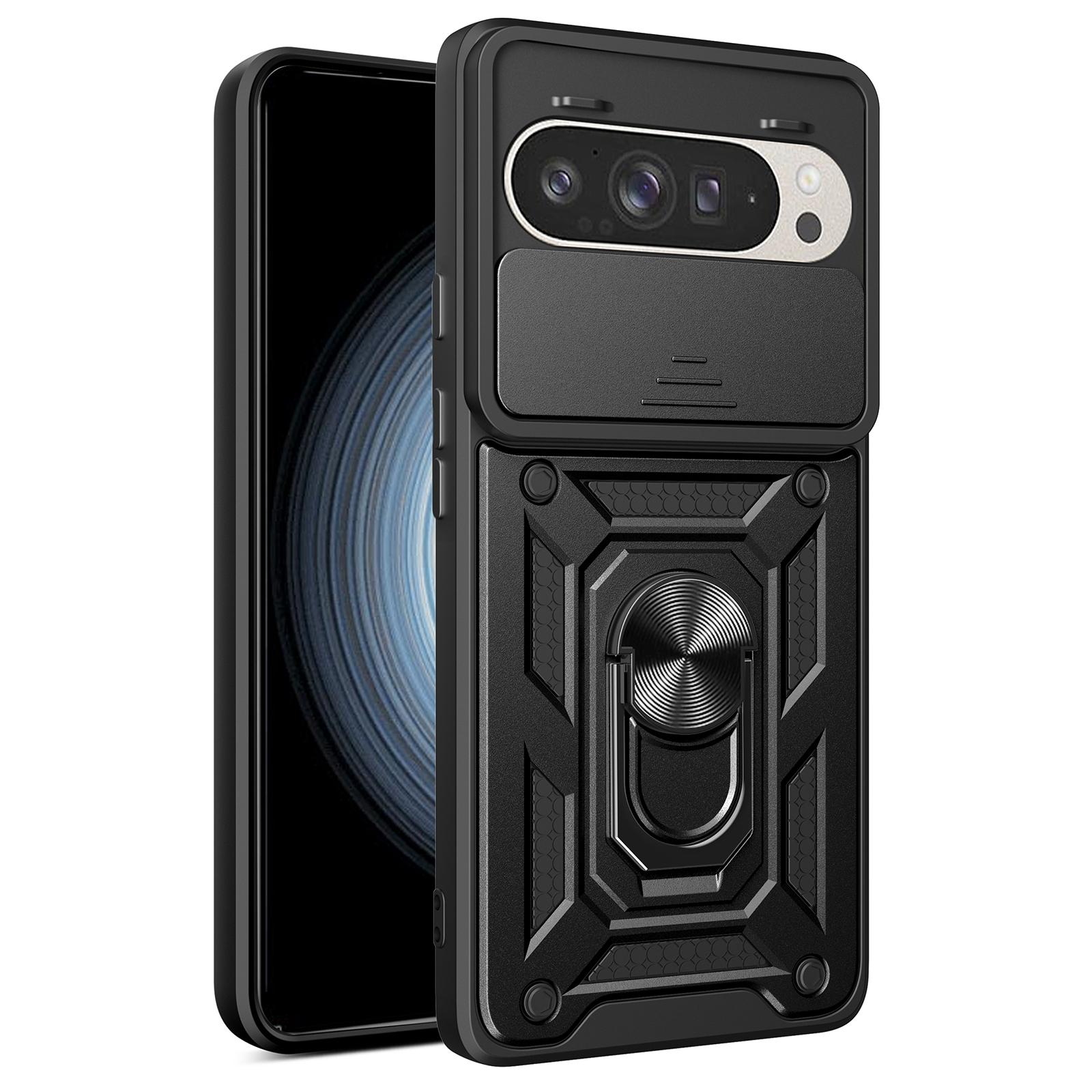 

For Google Pixel 9 Pro/Pixel 9 Case with Slide Camera Lid PC+TPU Kickstand Phone Cover Black