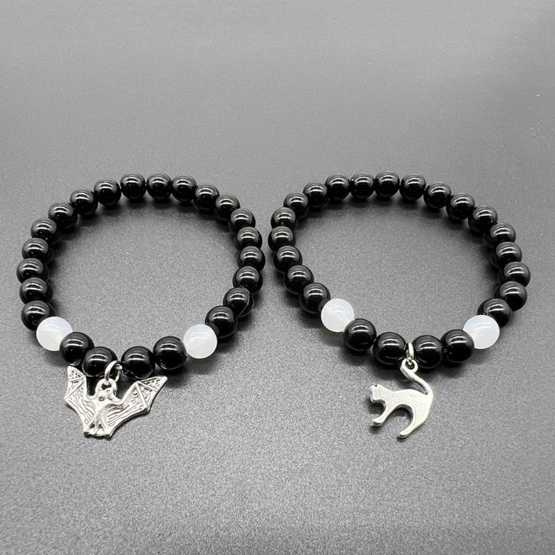 Black Red White Beaded Bracelets with Bat Cat Rose/Guitar Heart Pendant Wrist Chain Bracelet Unique Gifts for Couples