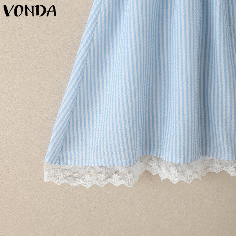 VONDA Two Picecs Dame Marineblå Krage Blondekant Stripete Tekstur T-skjorter og Shorts Sett