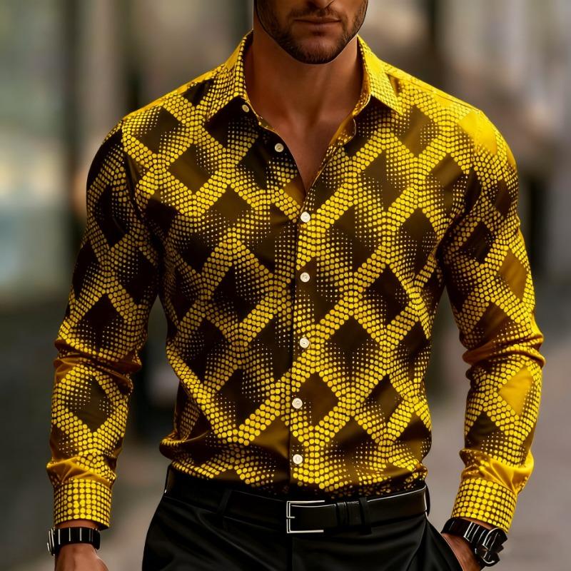 Men's Long-sleeved Geometric Print Shirt, Stylish Button-down Shirt, with Square and Striped Patterns for Everyday Wear.