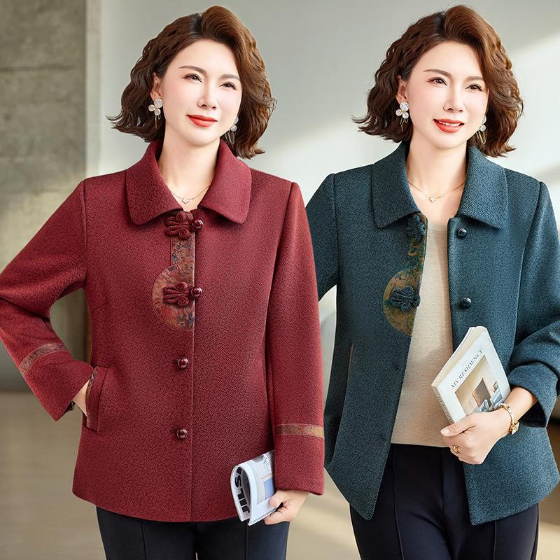 Women's Petite Elegant Red Wool Coat with Chinese Embroidery - Spring/Winter Style for Middle-Aged and Elderly