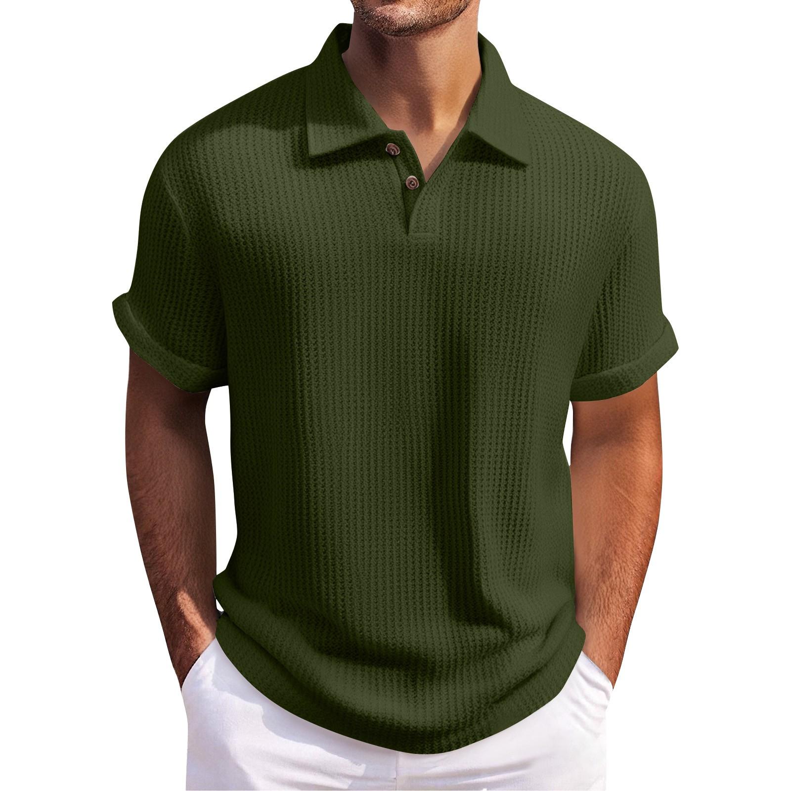 Men s Summer Solid Color Diamond Knit Button Collar Loose Short Sleeve Top L армия зеленый