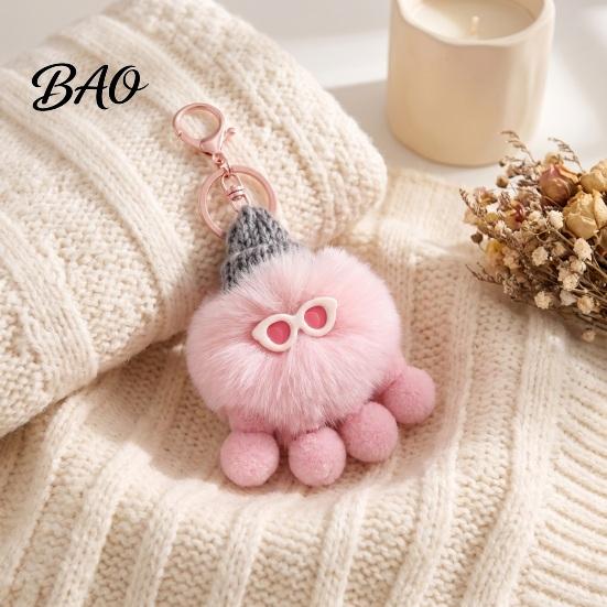 Portable Key Holder Plush Octopus Keychain, Fuzzy Stuffed Sea Animal Bag Charm, Hanging Charm Knit Hat with Keyring for Backpacks and Handbags