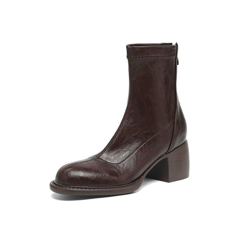 Autumn and Winter Leather Women's Large-size Martin Boots Round Head Korean Version Comfortable Rear Zipper High Heel Solid Color New Medium Boots