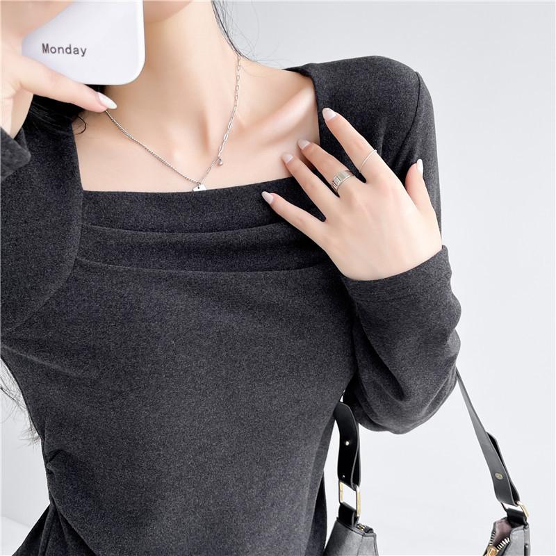 

Девельветовая Утепленная Рубашка с Квадратным Воротником для Женщин Ранней Осенью Новый Стиль Маленький Высококлассный Топ с Длинным Рукавом XXXL