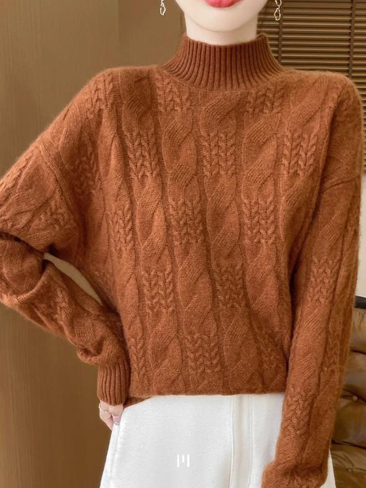 Eleganter beiger Pullover für Damen - Langärmlig, hoher Kragen, Zopfmuster, mittlere Dehnbarkeit, perfekt für Herbst & Winter, gemütliche Winterbekleidung | Zopfmusterpullover
