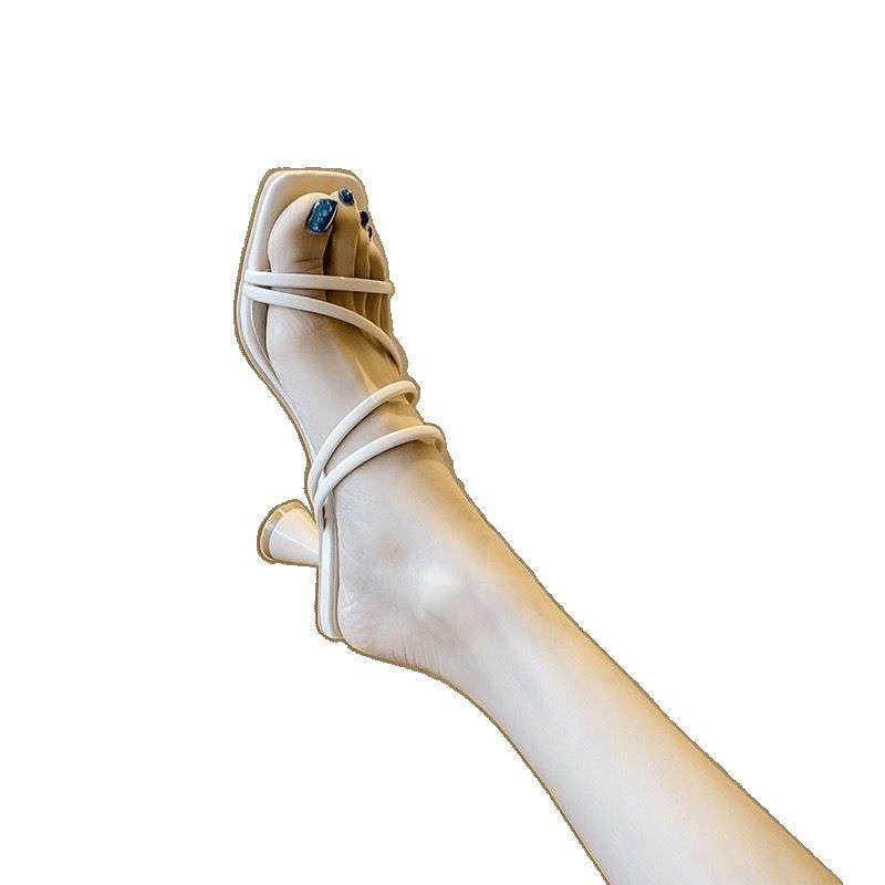 Black one-word sandals 2025 new summer high heels French women's shoes thin heel square head sandals tide