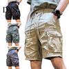 Men Cargo Shorts Elastic Waist Adjustable Drawstring Casual Straight Leg Beach with Reinforced Pockets Solid Color