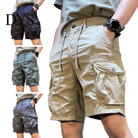 Men Cargo Shorts Elastic Waist Adjustable Drawstring Casual Straight Leg Beach with Reinforced Pockets Solid Color