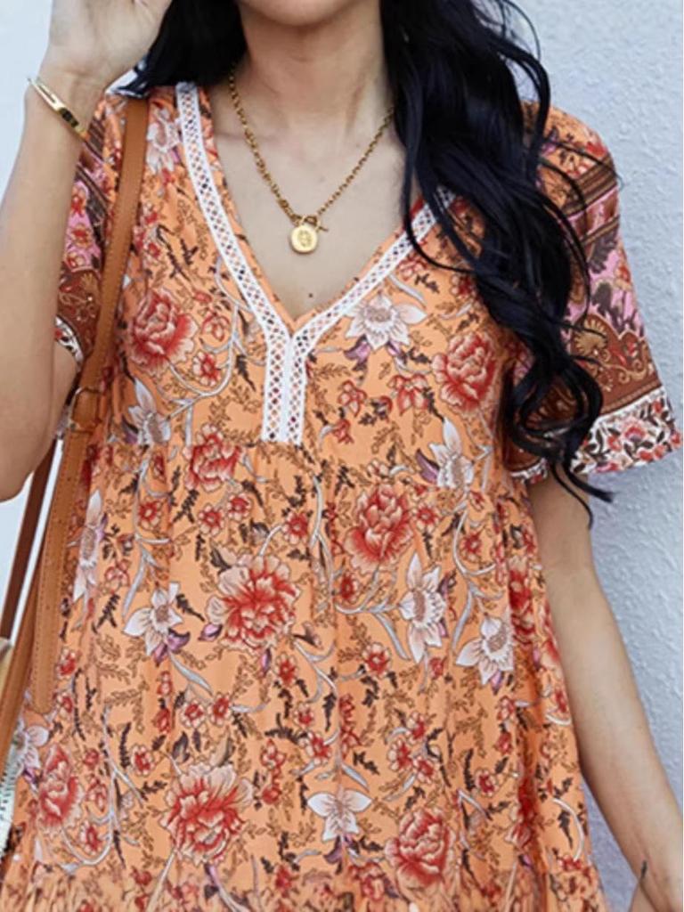 Summer French Retro V-neck Floral Dress - Beach Vacation Style for Women